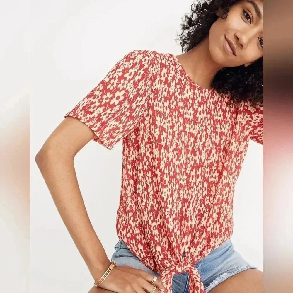 Madewell Crinckled Button-Back Tie Tee in Full Bloom XS